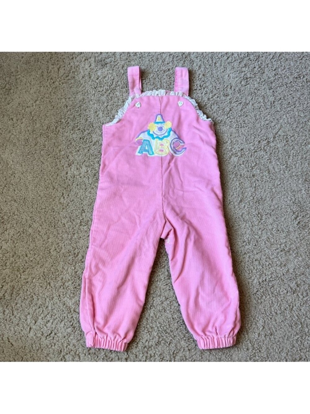 Vintage 80s Buster Brown 18m Baby Toddler Girl Pink Corduroy Overalls Clown ABC